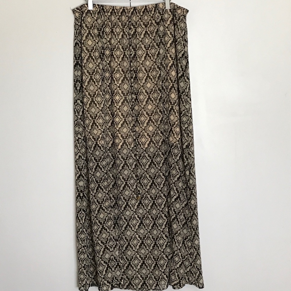 Bobeau Abstract Print Maxi Skirt Brown Beige Front Slits Elastic Waist Size L
